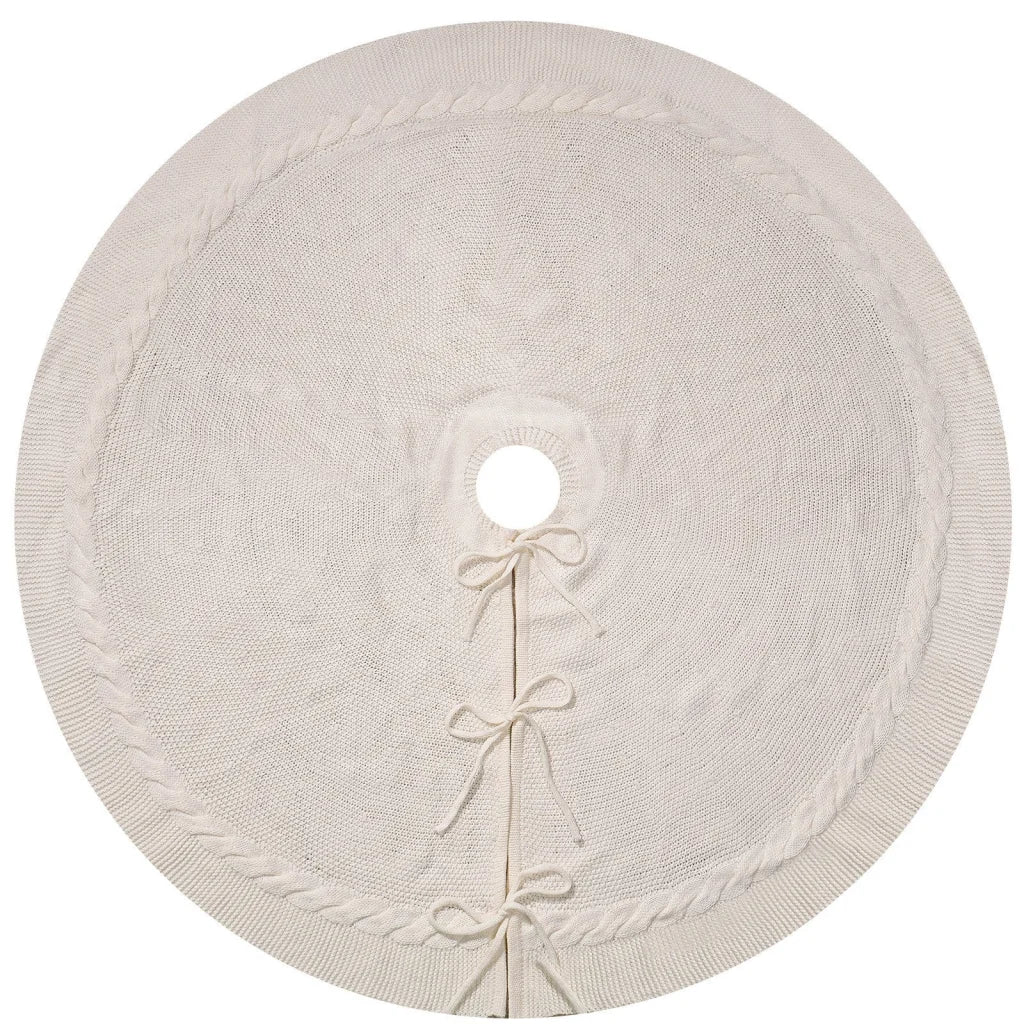 White Luxury Knit Christmas Tree Skirt with Cable-Knit