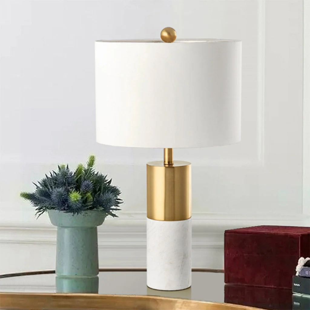 White Marble Table Lamp 60cm Bedside Modern Desk Living Room Shade with Cylinder Base