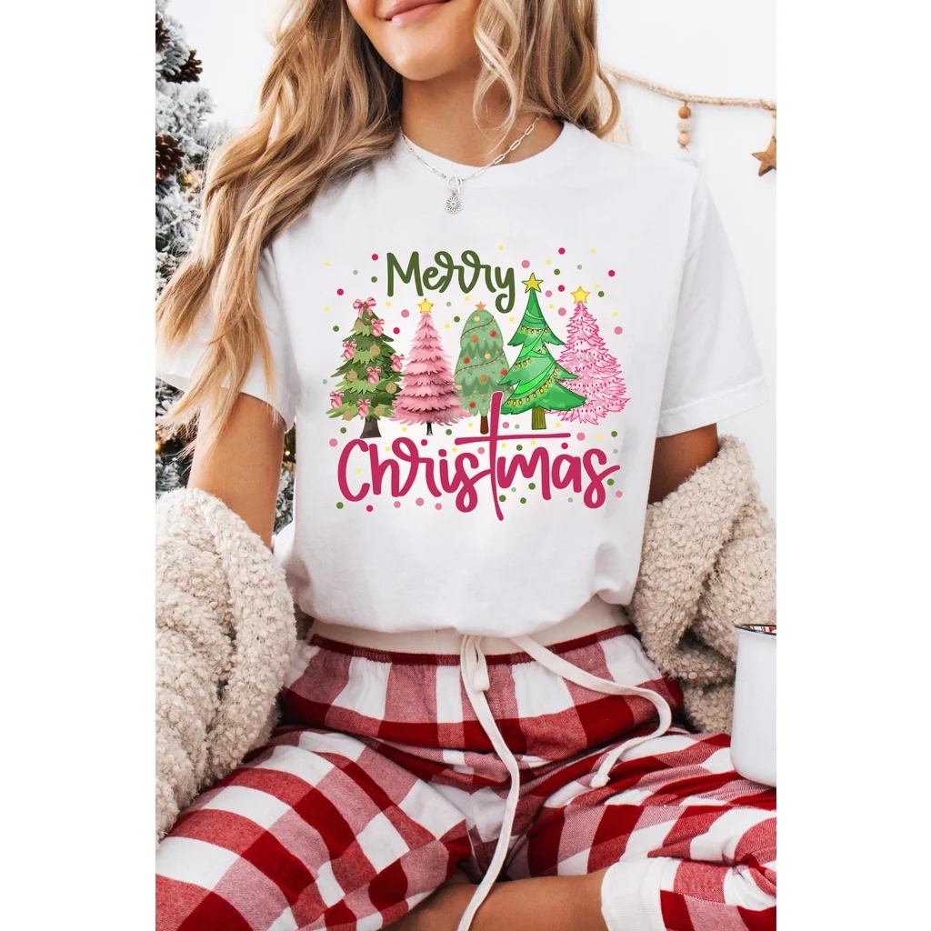White Merry Christmas Holiday Vibe Graphic Crewneck T Shirt