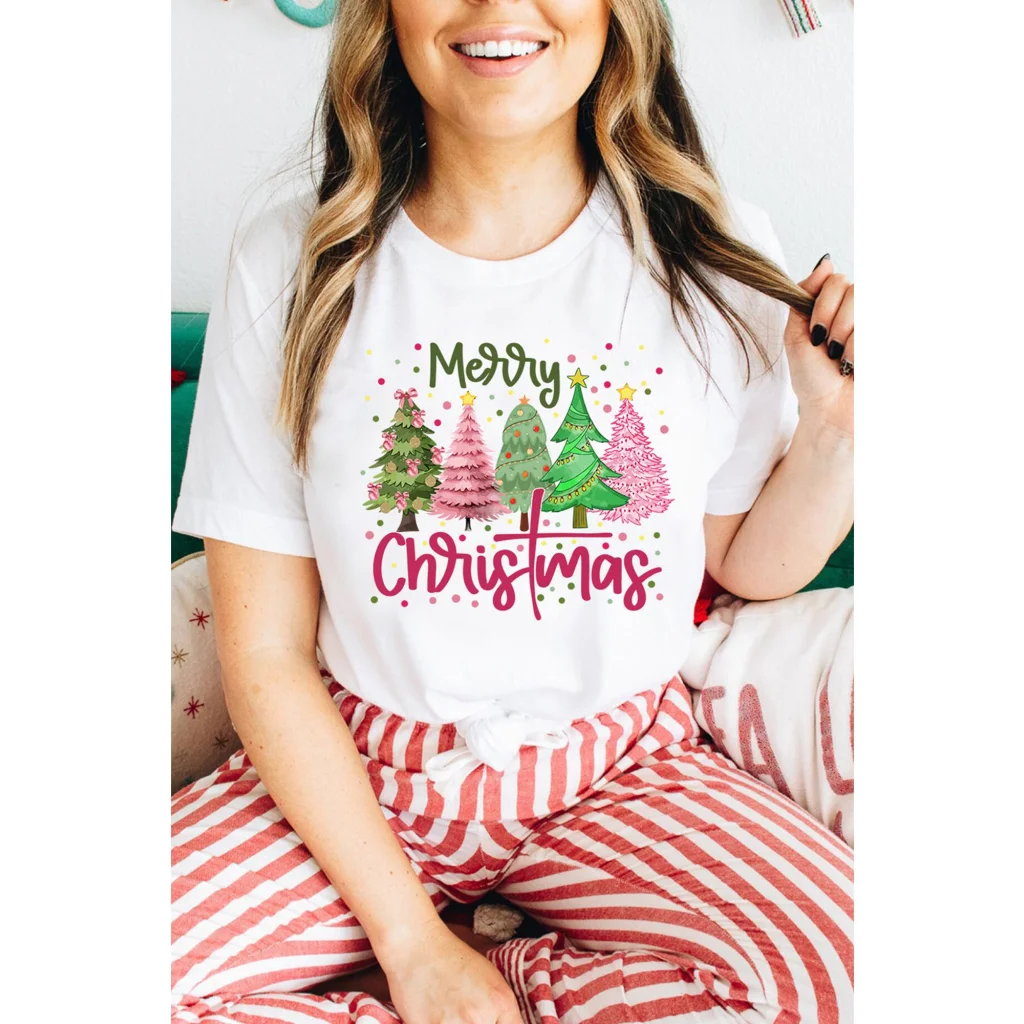 White Merry Christmas Holiday Vibe Graphic Crewneck T Shirt