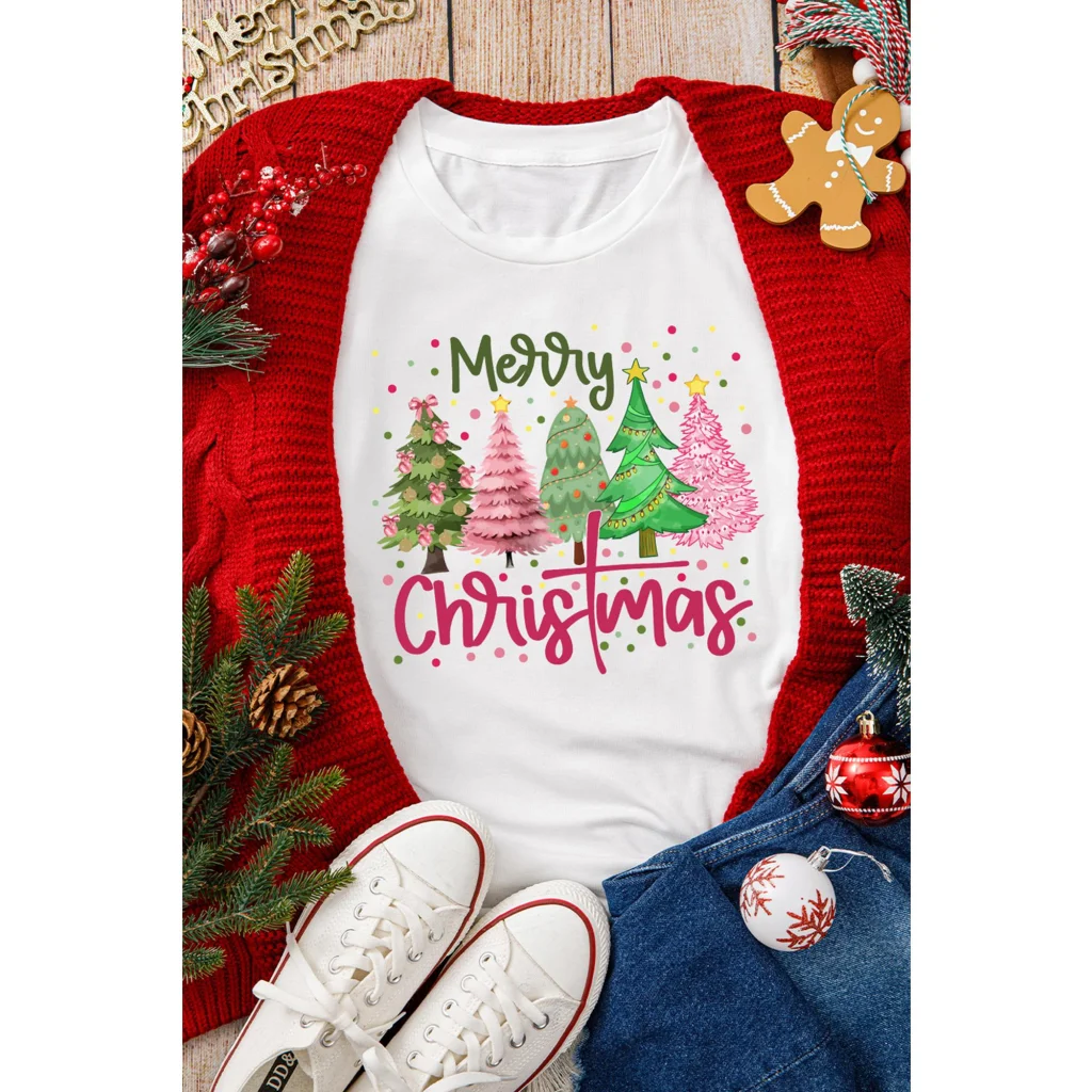 White Merry Christmas Holiday Vibe Graphic Crewneck T Shirt