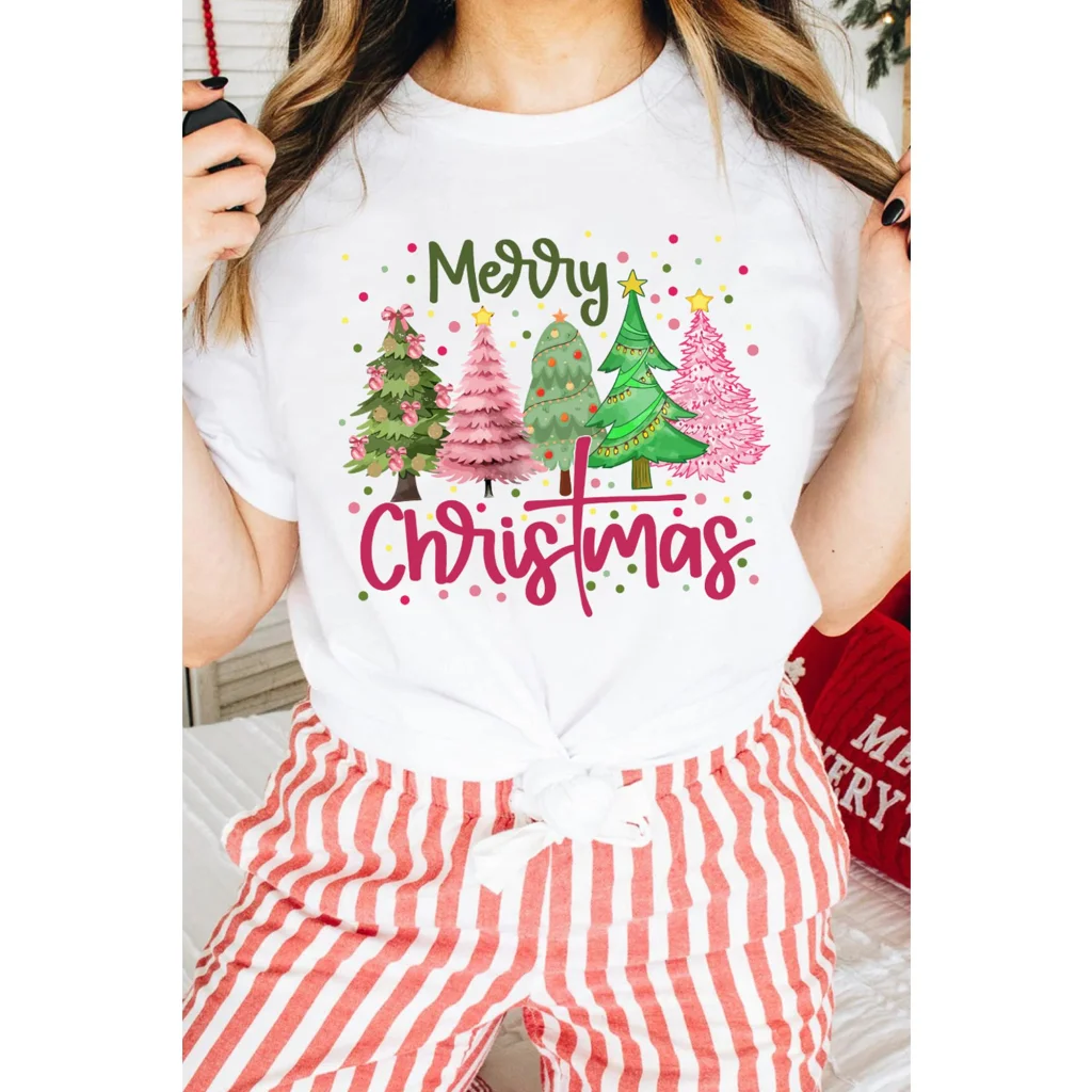 White Merry Christmas Holiday Vibe Graphic Crewneck T Shirt