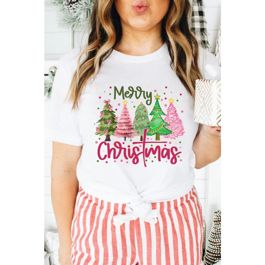 White Merry Christmas Holiday Vibe Graphic Crewneck T Shirt