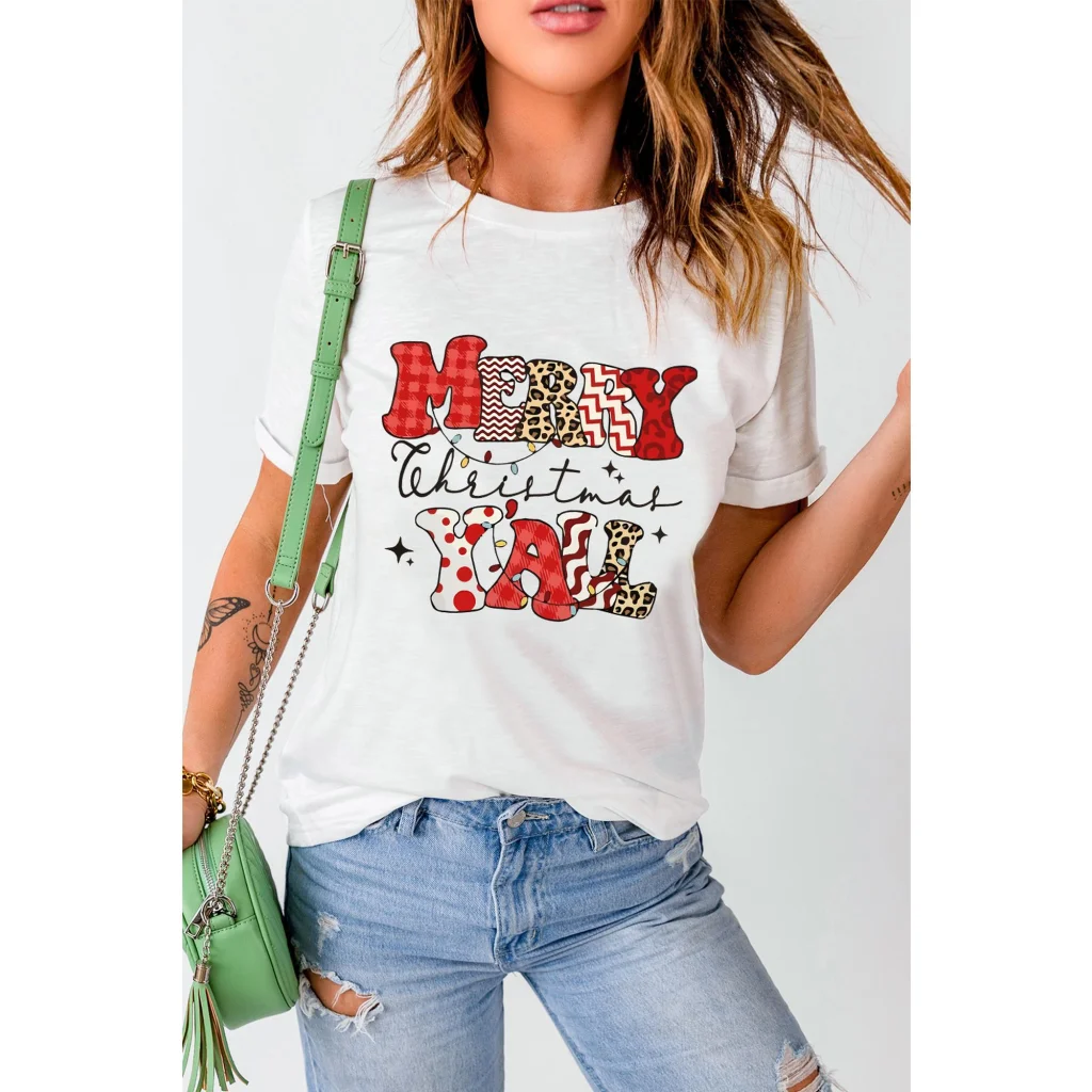 White MERRY Christmas YAll Graphic Crewneck T Shirt - M