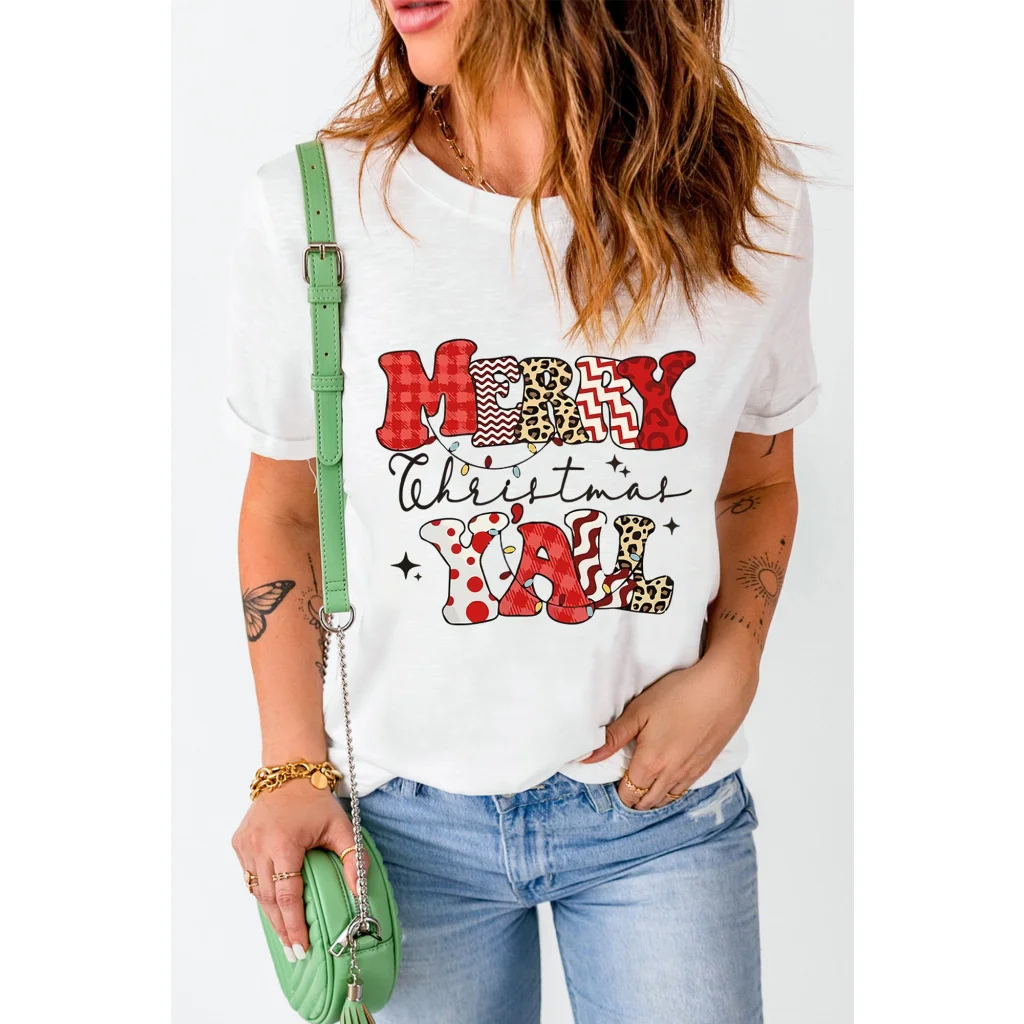 White MERRY Christmas YAll Graphic Crewneck T Shirt - XL