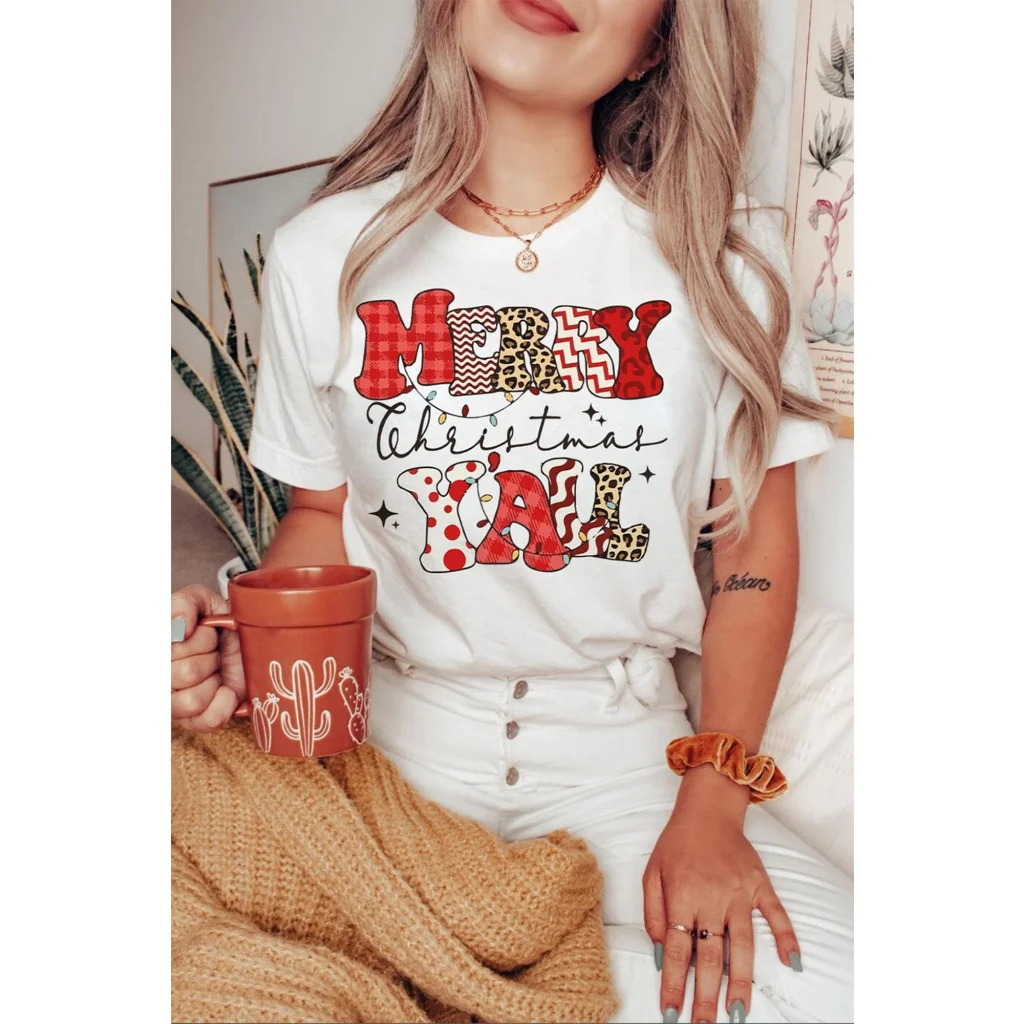 White MERRY Christmas YAll Graphic Crewneck T Shirt - XL