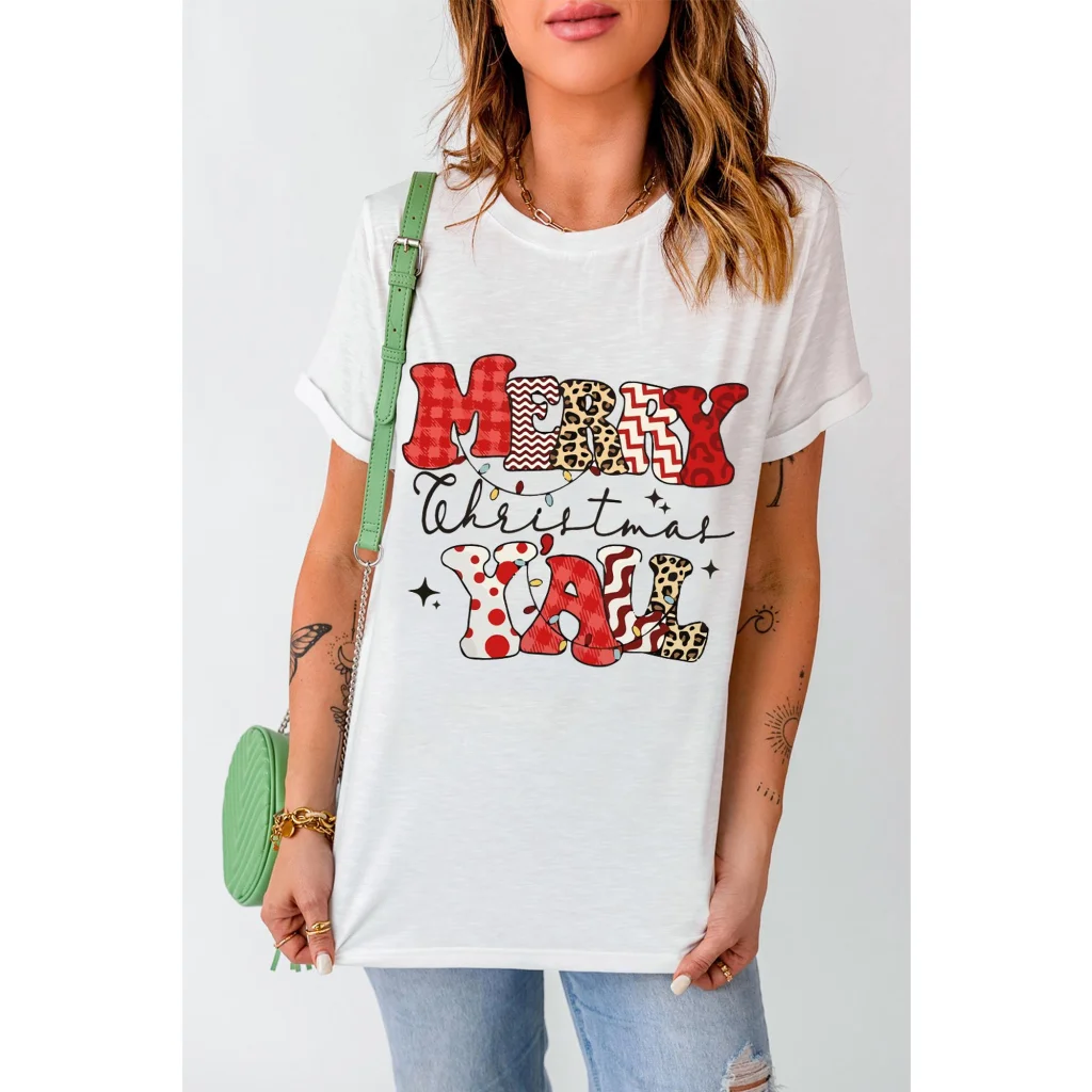 White MERRY Christmas YAll Graphic Crewneck T Shirt - XL