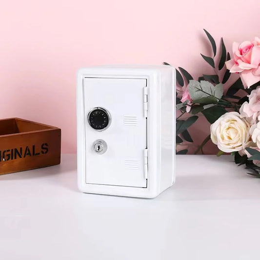 White Mini Metal Safe Box with Combination Lock and Key