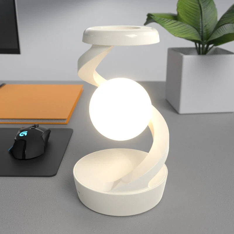 White Modern Levitating LED Desk Lamp with Wireless Phone