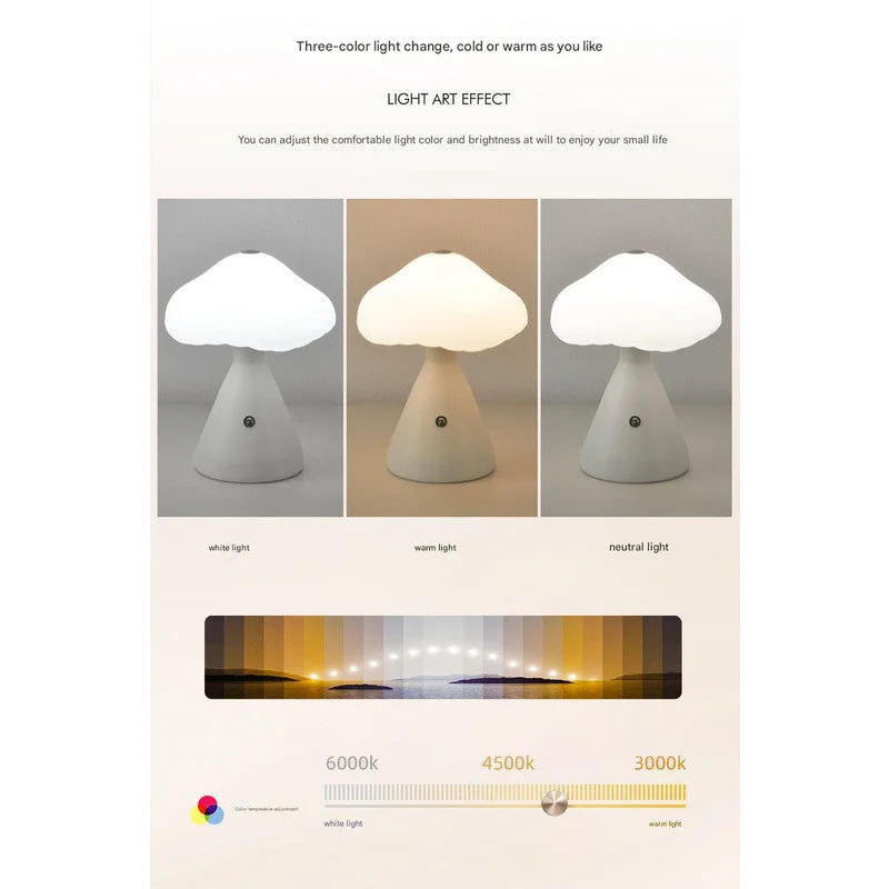 White Mushroom LED Table Lamp - Rechargeable 3-Color Touch