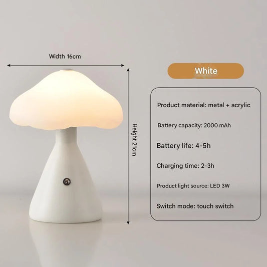 White Mushroom LED Table Lamp - Rechargeable 3-Color Touch