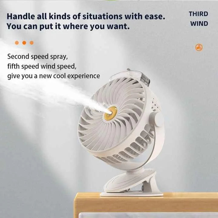 White Portable Clip-On Mist Fan - Rechargeable Cooling Fan