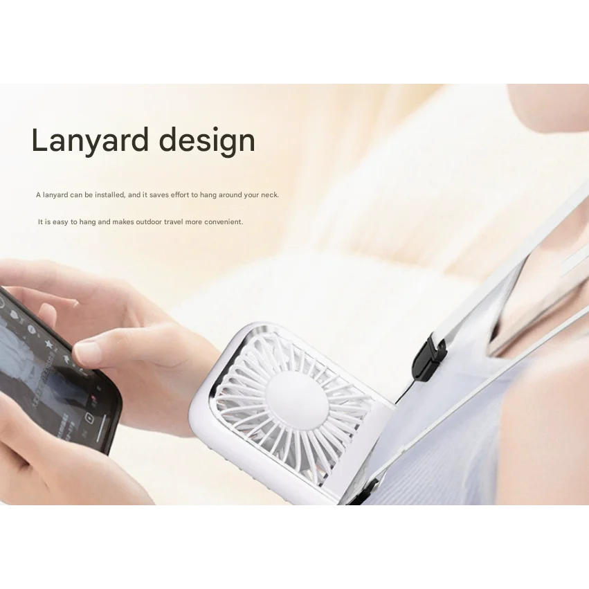 White Portable Cooling Fan with Neck Lanyard & Phone Stand