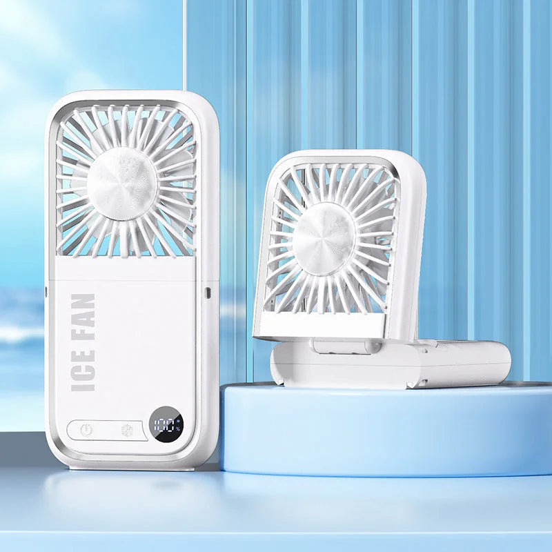 White Portable Cooling Fan with Neck Lanyard & Phone Stand