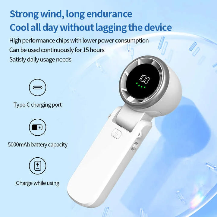 White Portable USB Rechargeable Handheld Fan with Digital