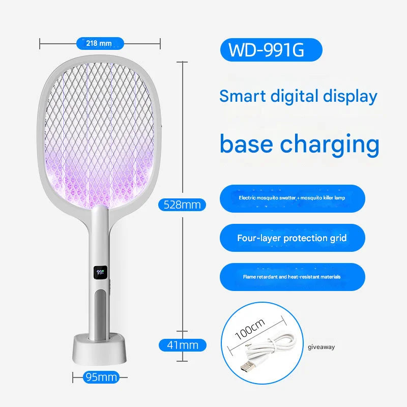 White Rechargeable 2-in-1 Bug Zapper Racket - Electric Fly