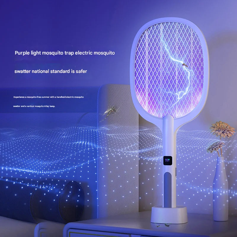 White Rechargeable 2-in-1 Bug Zapper Racket - Electric Fly