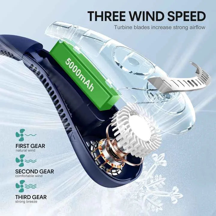 White Rechargeable 5000mAh Portable Neck Fan with 3-Speed