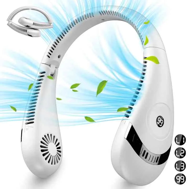White Rechargeable 5000mAh Portable Neck Fan with 3-Speed