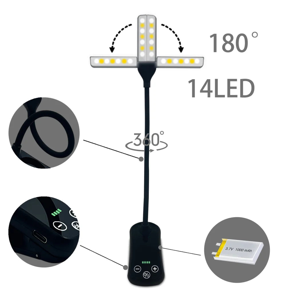 White Rechargeable Dual-Head Clip-On Book Light - Touch