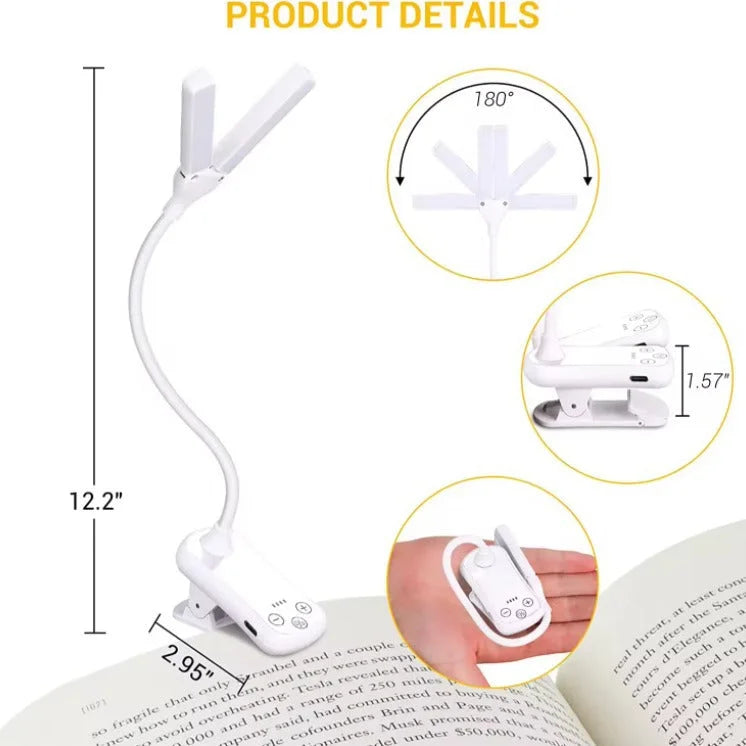 White Rechargeable Dual-Head Clip-On Book Light - Touch