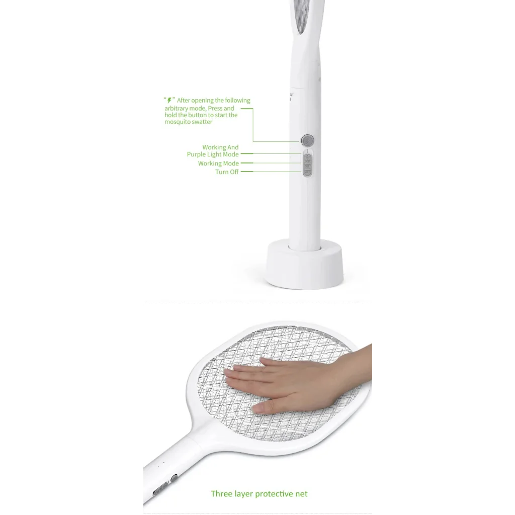 White Rechargeable Electric Mosquito Racket - 2-in-1