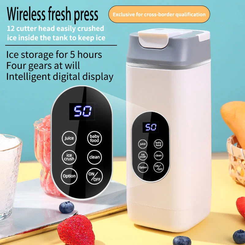 White Rechargeable Travel Blender Cup - 12 Blades Digital