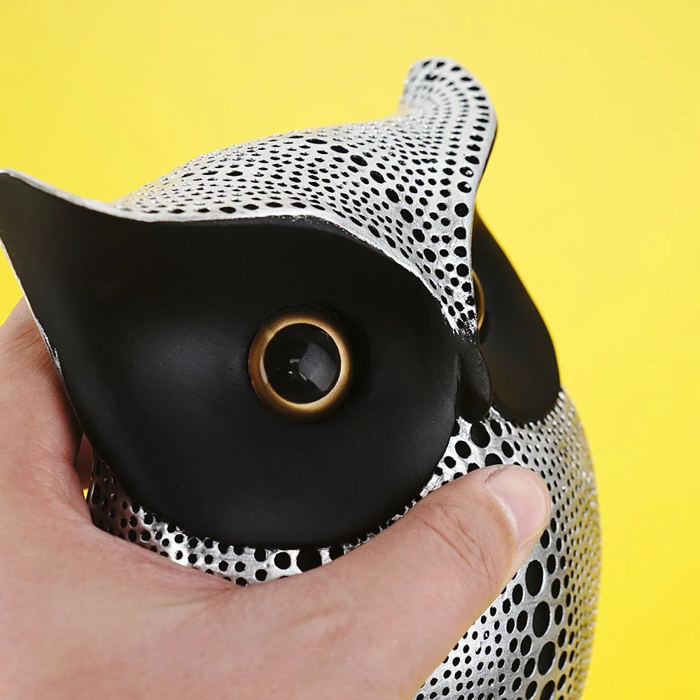 White resin owl statue - modern perforated design