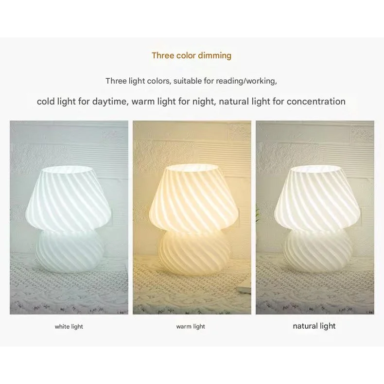 White Retro Swirl Glass Mushroom Table Lamp - USB Powered
