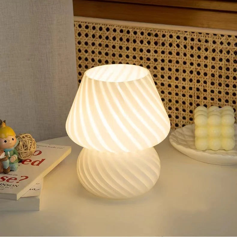 White Retro Swirl Glass Mushroom Table Lamp - USB Powered