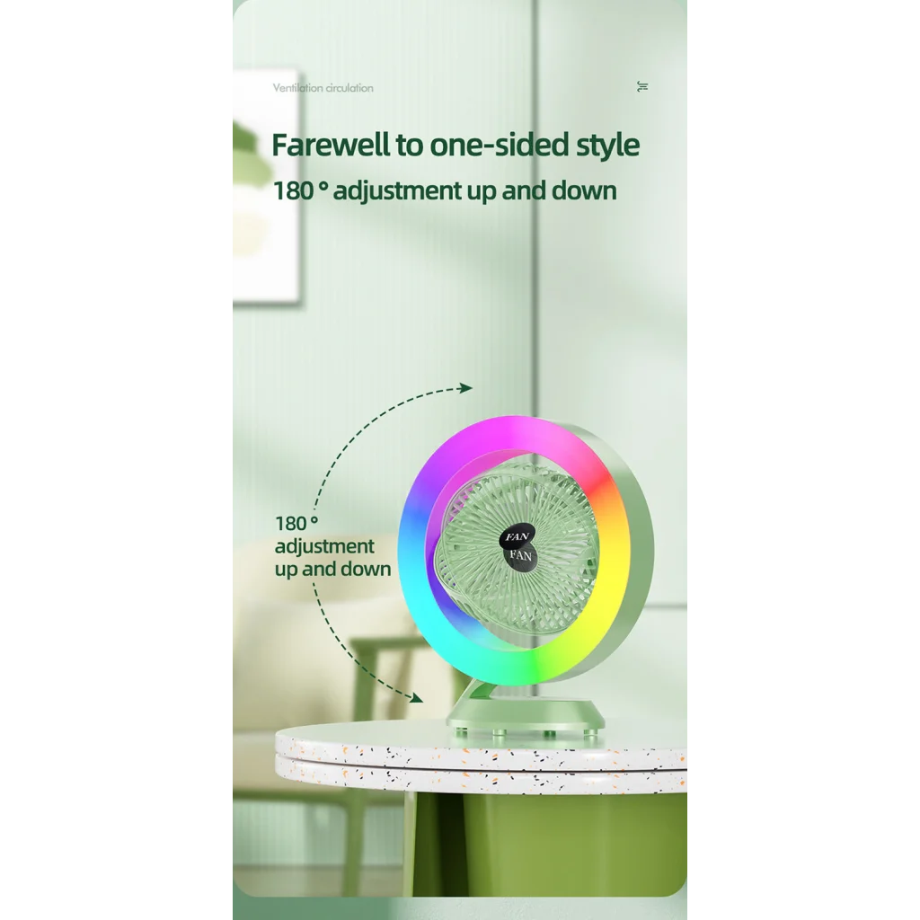 White RGB Desktop Fan - USB Rechargeable 3-Speed 180°