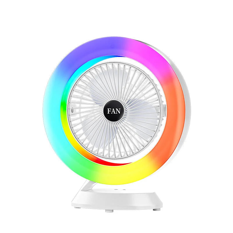 White RGB Desktop Fan - USB Rechargeable 3-Speed 180°