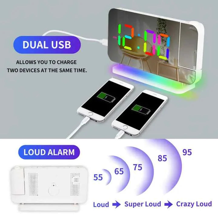 White RGB LED Projection Alarm Clock Multi-Color Night