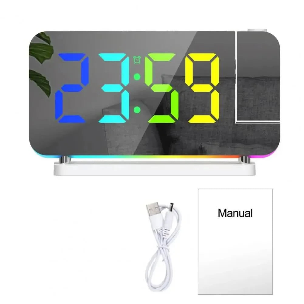 White RGB LED Projection Alarm Clock Multi-Color Night