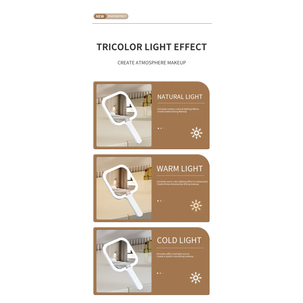 White Round Portable Handheld LED Makeup Mirror - USB-C