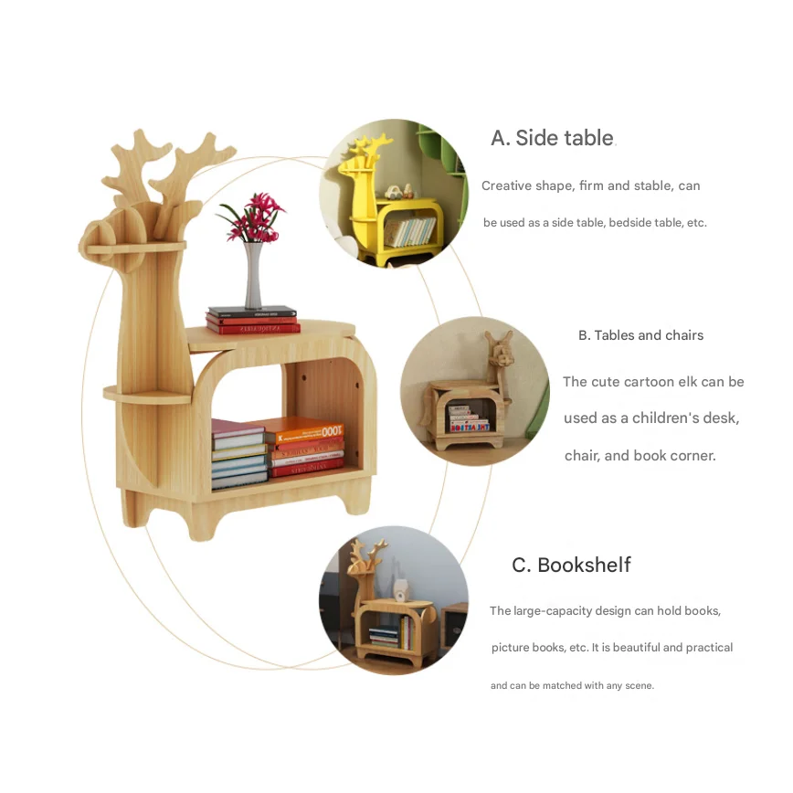 White Small Creative Reindeer-Shaped Solid Wood Bookshelf