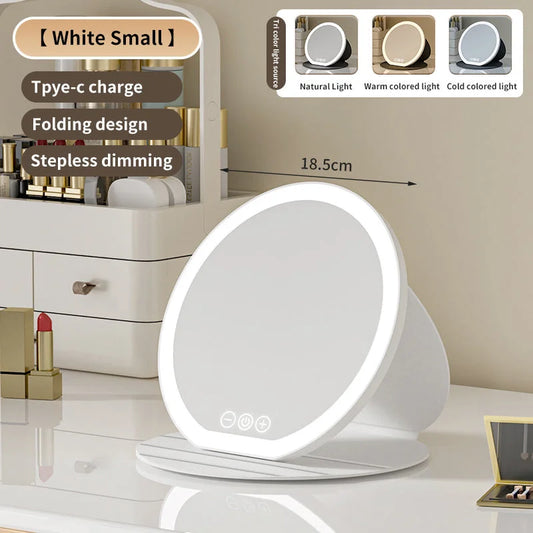 White Small Round Foldable LED Makeup Mirror - 18.5cm