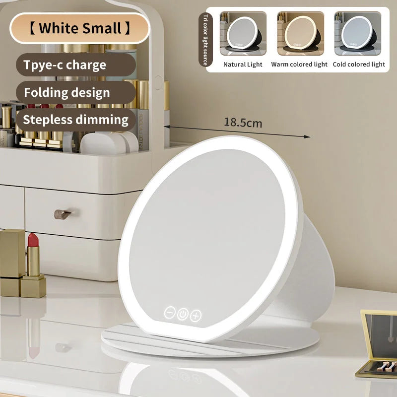 White Small Round Foldable LED Makeup Mirror - 18.5cm