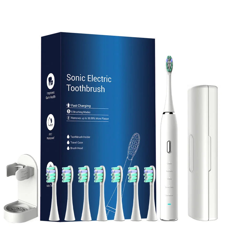 White Sonic Rechargeable Electric Toothbrush with 8 Heads &