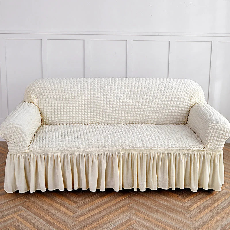 White Three-person Sofa Bubble Gauze Sofa Cover with Skirt