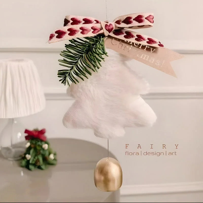 White Velvet Christmas Tree Ornament with Golden Bell