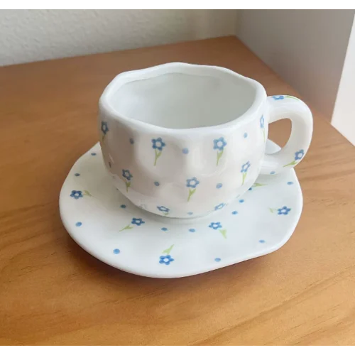 White Small Blue Fowers 300ML Underglaze Hand Pinched