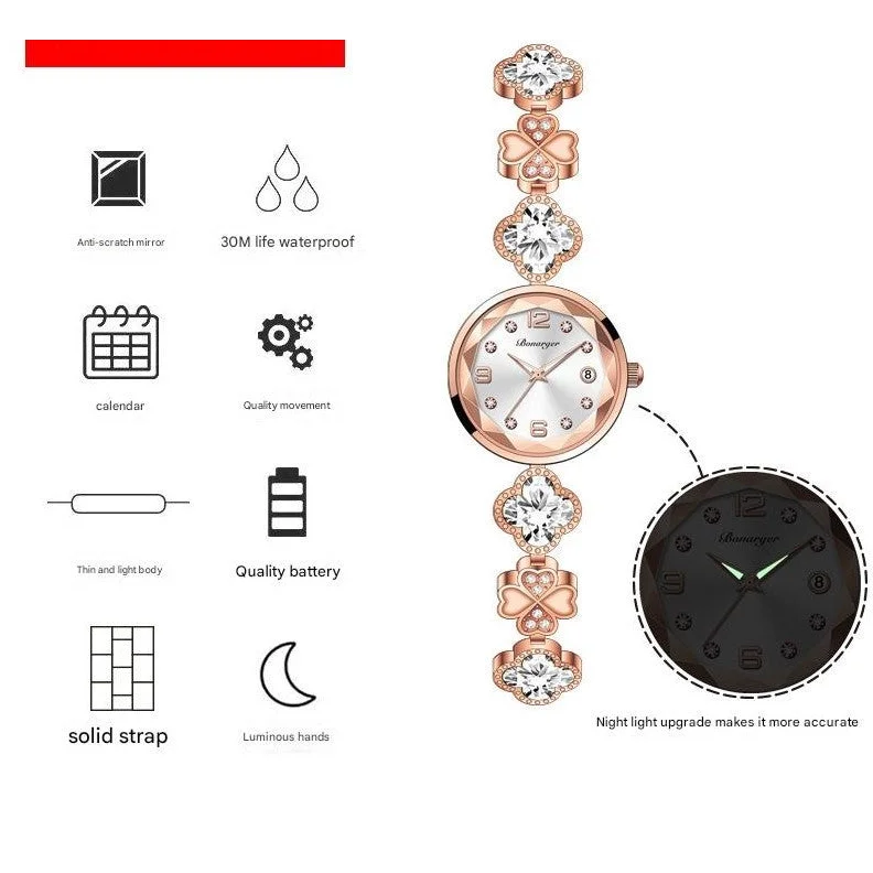 White Women’s Four-Leaf Clover Quartz Watch with Red Dial