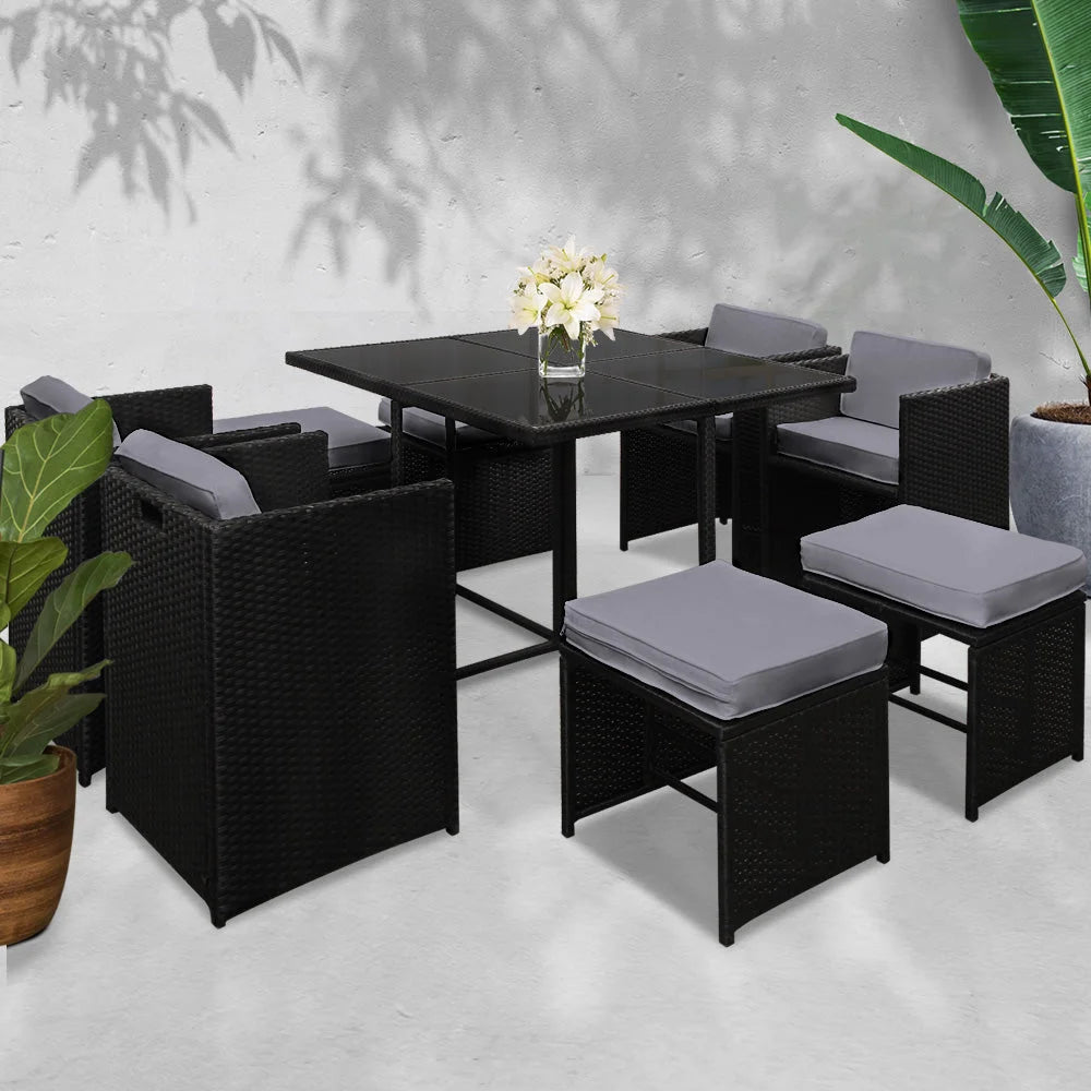 Wicker Outdoor Dining Set (9pc) Black/Grey - Outdoor