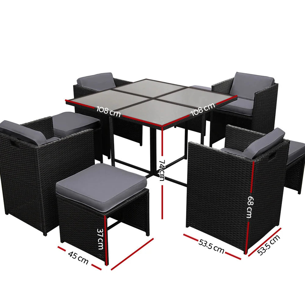 Wicker Outdoor Dining Set (9pc) Black/Grey - Outdoor