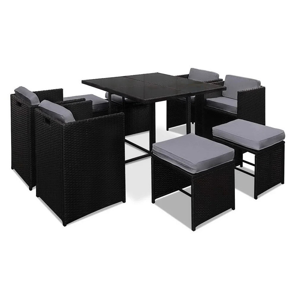 Black wicker nine seater outdoor dining setting