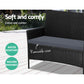 Black wicker outdoor set piece with caster wheels and side handle rail