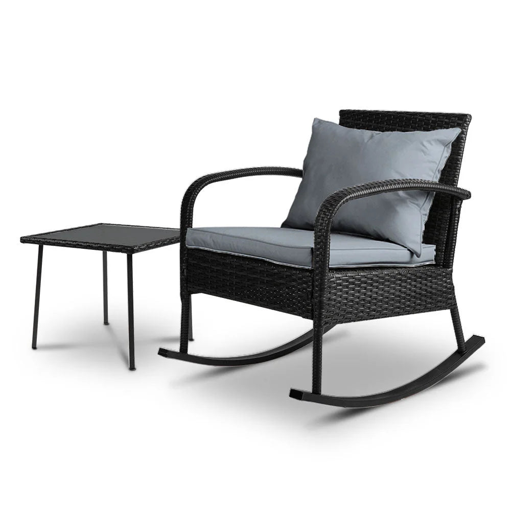 Black wicker rocking chairs table with cushioned seat and backrest