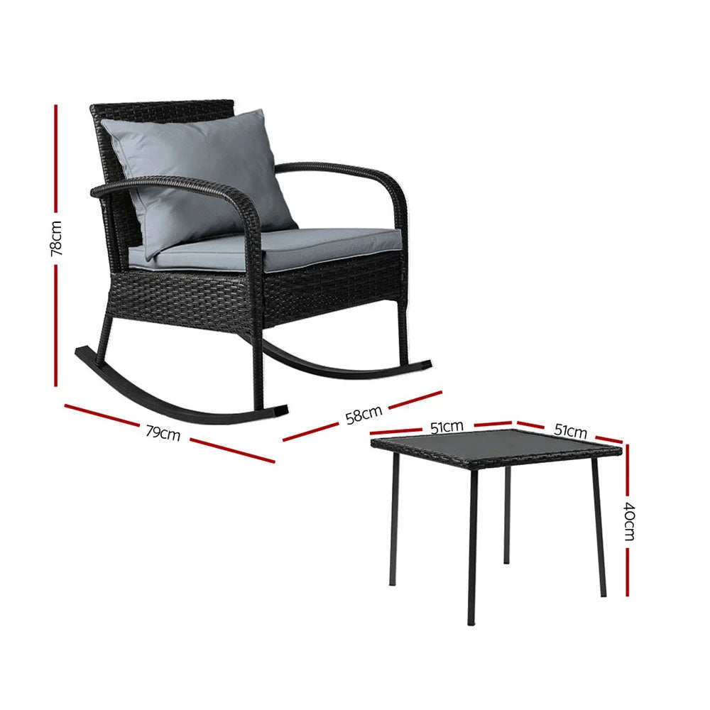 Black wicker rocking chairs table with padded seat and support frame