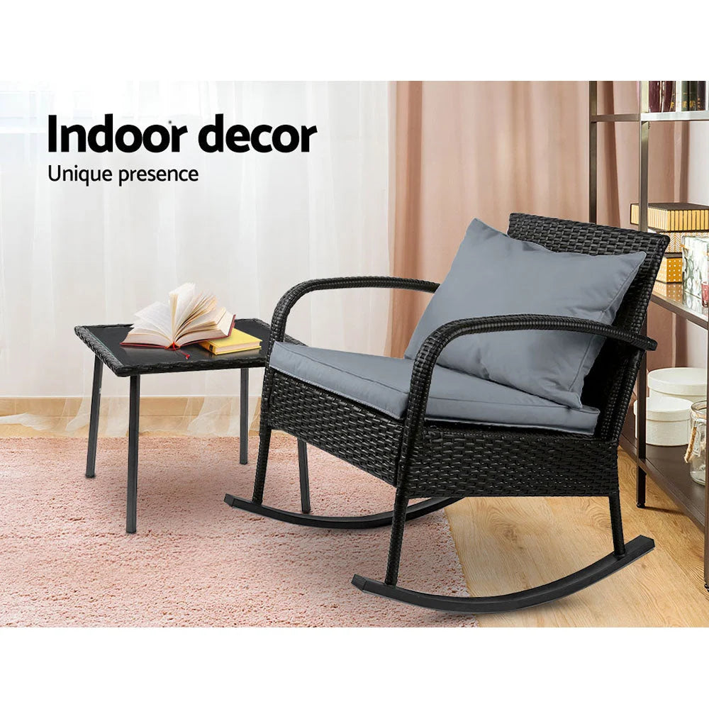Rocking chairs table with cushioned seat and backrest